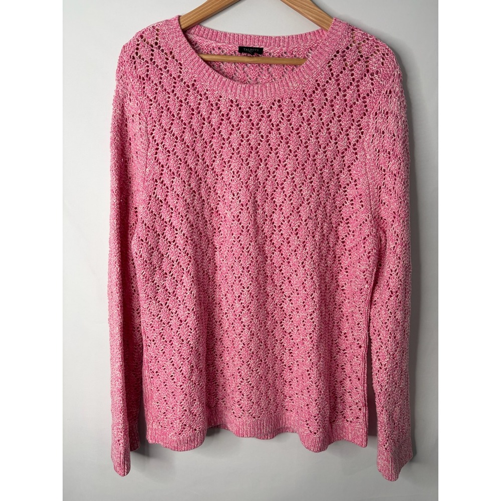 Talbots Petite XL Pink White Marled Open Knit Pointelle Sweater Preppy Coquette